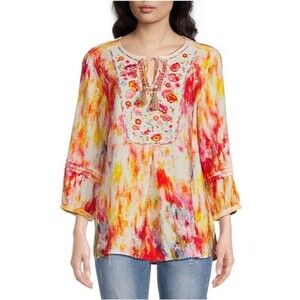 John Mark Embroidered Tunic Top Medium Floral Rayon Boho Vacation Festival Chic